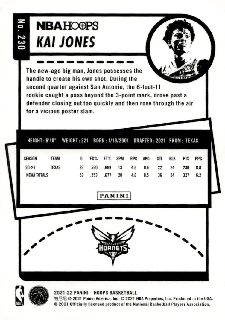 2021-22 NBA Hoops #230 Kai Jones (back)