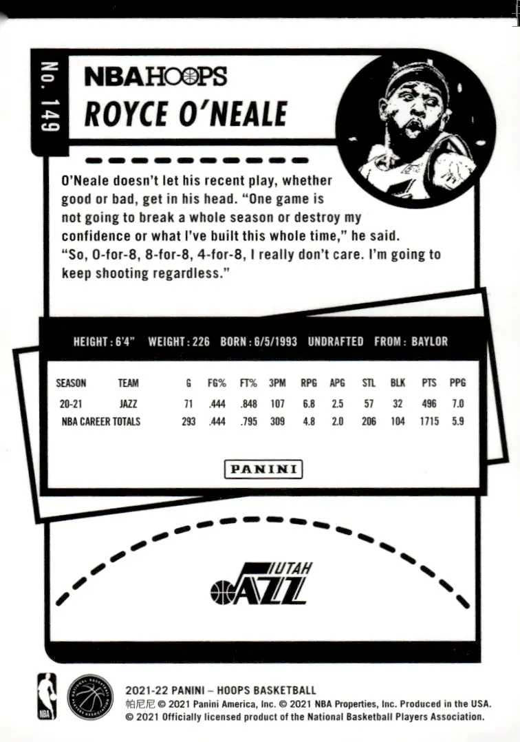 2021-22 NBA Hoops #149 Royce O'Neale (back)