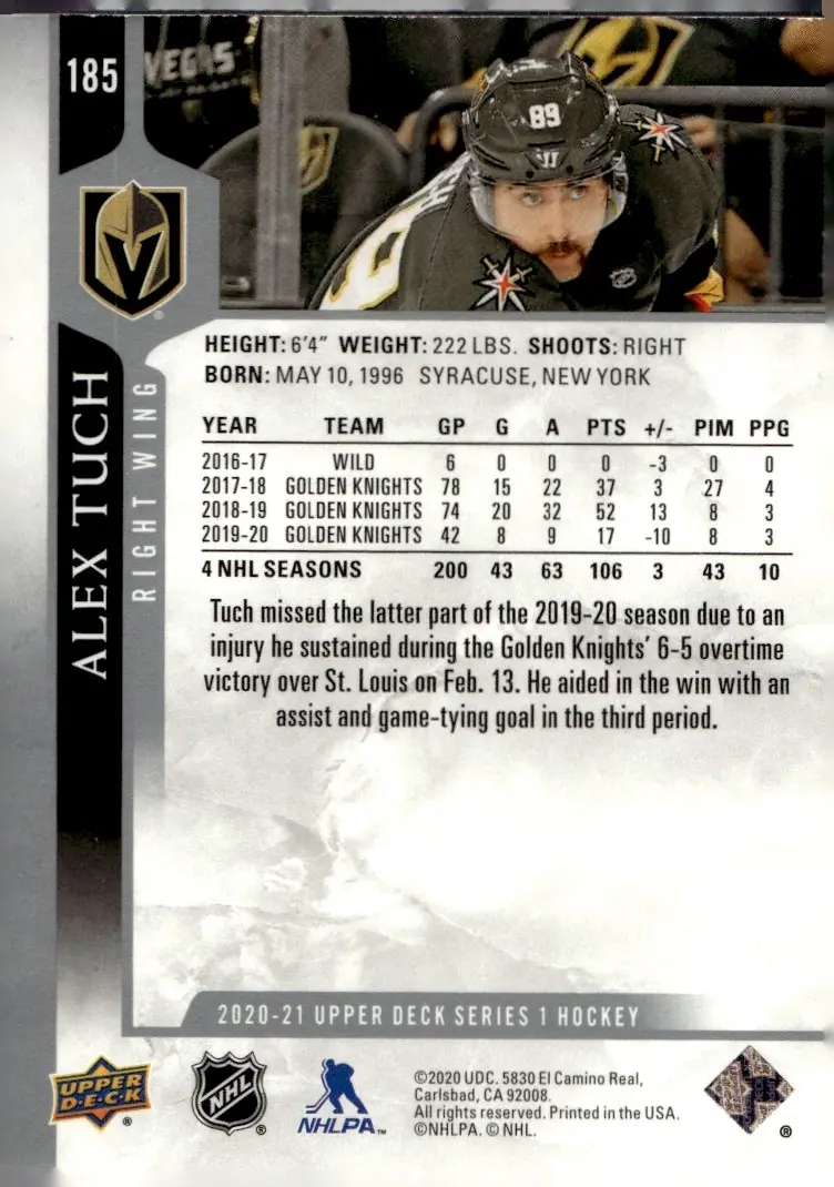 2020-21 Upper Deck Series 1 #185 Alex Tuch (back)