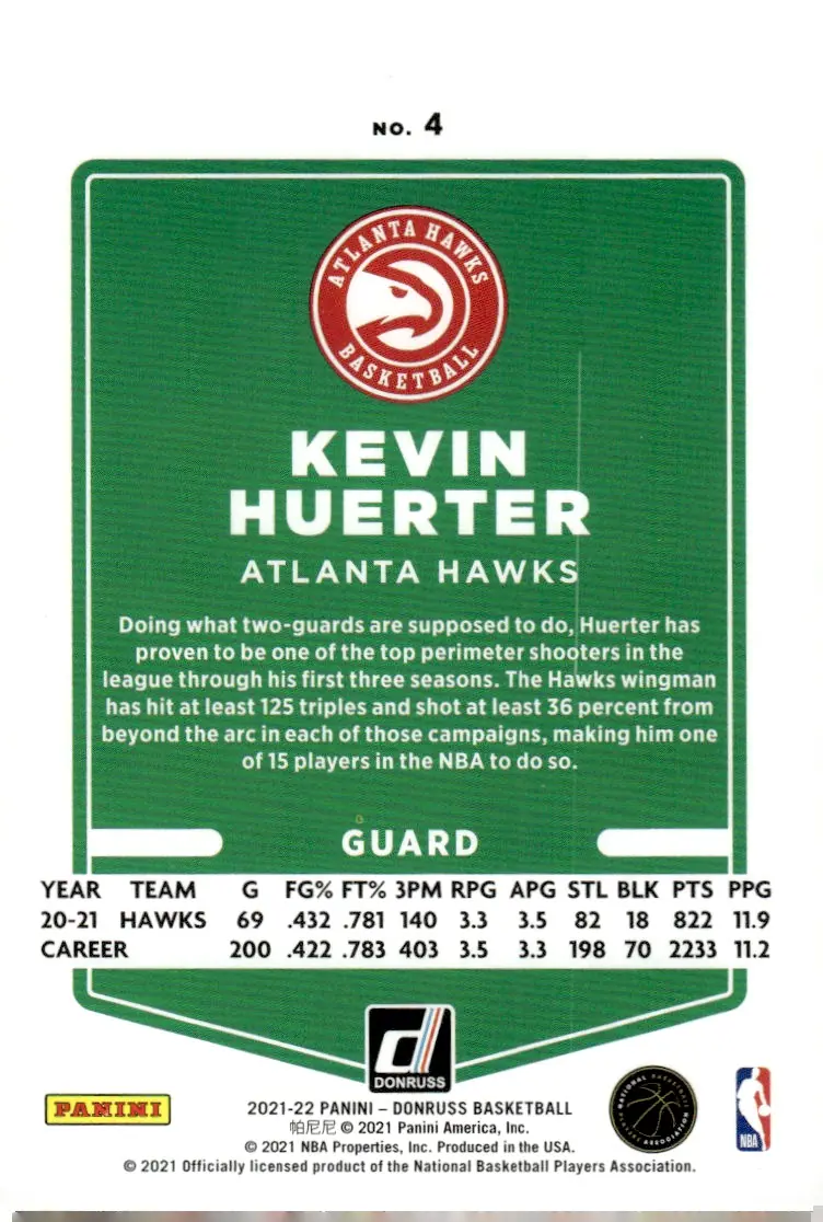 2021-22 Donruss #4 Kevin Huerter (back)