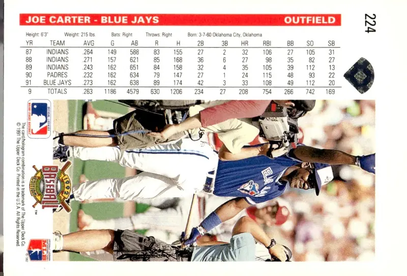 1992 Upper Deck #224 Joe Carter (back)