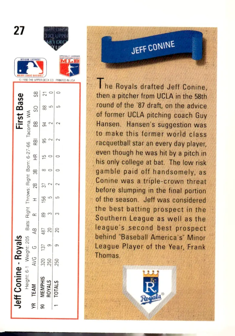 1991 Upper Deck #27 Jeff Conine (back)