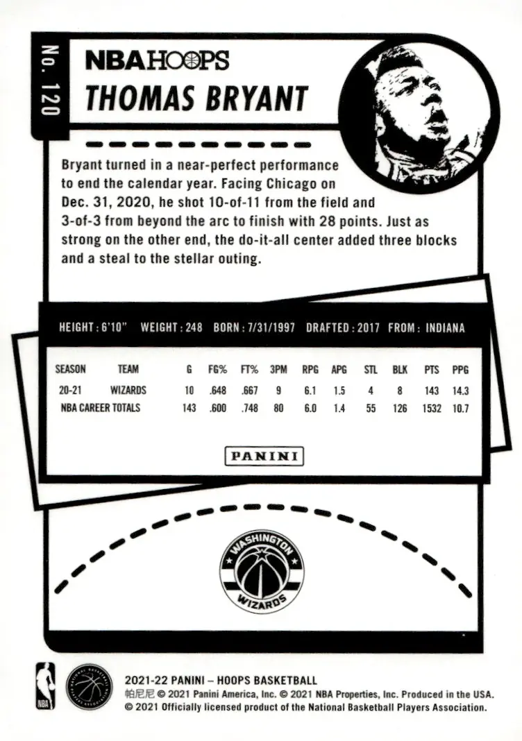 2021-22 NBA Hoops #120 Thomas Bryant (back)