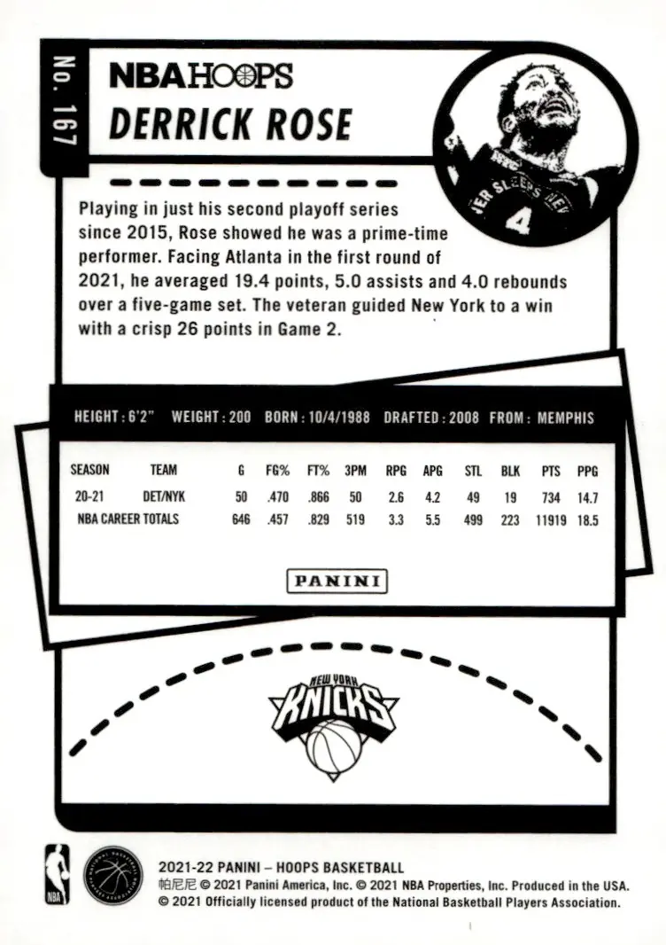2021-22 NBA Hoops #167 Derrick Rose (back)