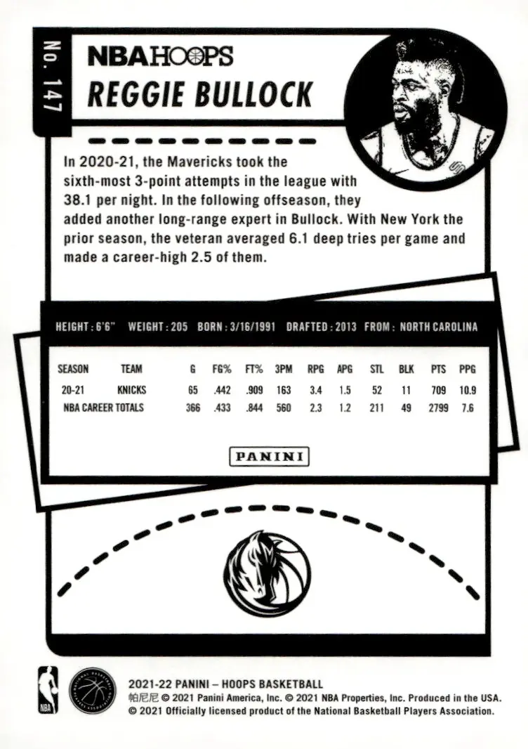 2021-22 NBA Hoops #147 Reggie Bullock (back)