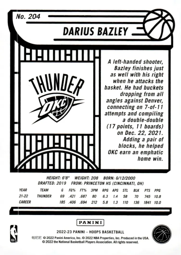 2022-23 NBA Hoops #204 Darius Bazley (back)