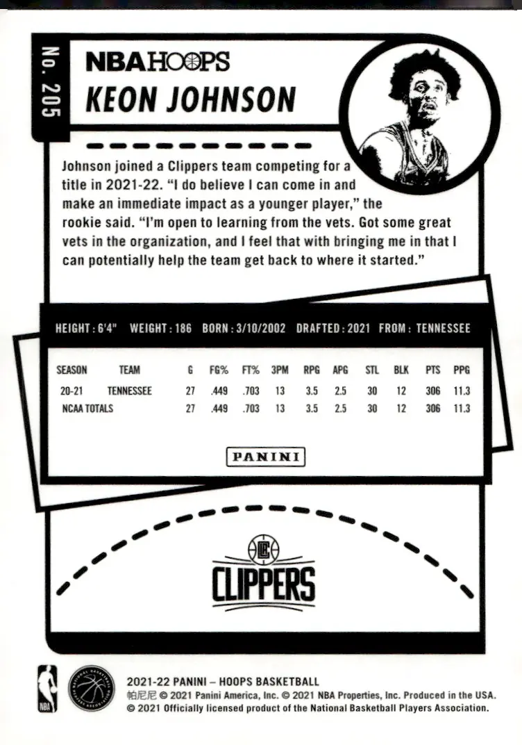 2021-22 NBA Hoops #205 Keon Johnson (back)