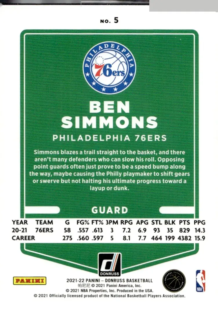 2021-22 Donruss Basketball #5 Ben Simmons (back)