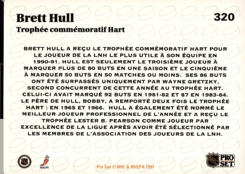 1991-92 Pro Set (French/Canadian edition) #320 Brett Hull – French-language back (back)