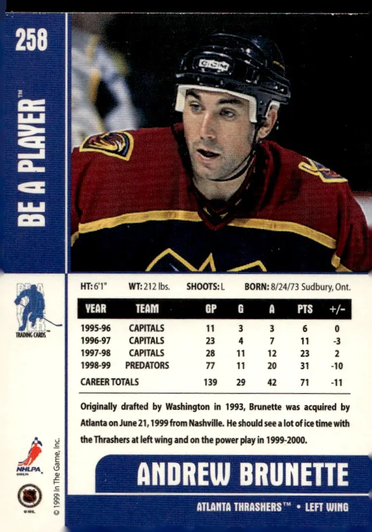 1999-00 Be A Player Memorabilia #258 Andrew Brunette (back)