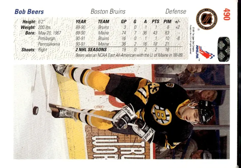 1991-92 Upper Deck #490 Bob Beers (back)