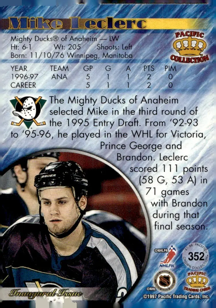 1997-98 Pacific Crown Collection (Inaugural Issue) #352 Mike Leclerc (back)