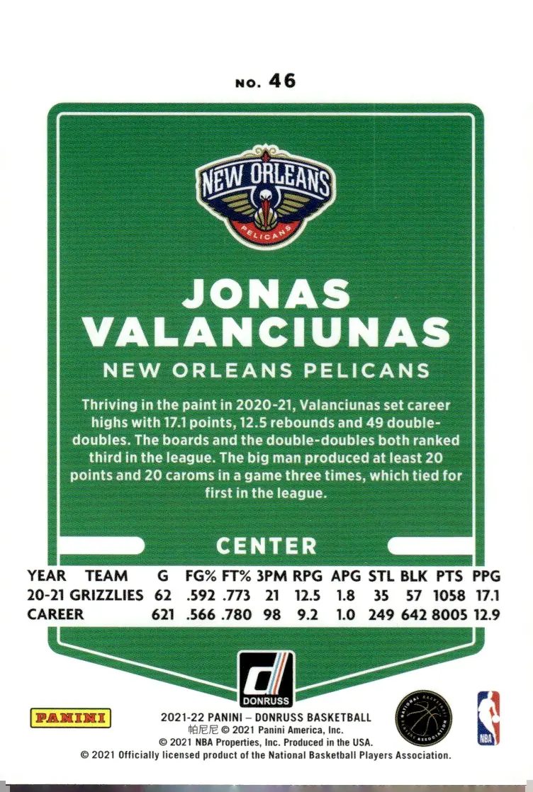 2021-22 Donruss #46 Jonas Valanciunas (back)
