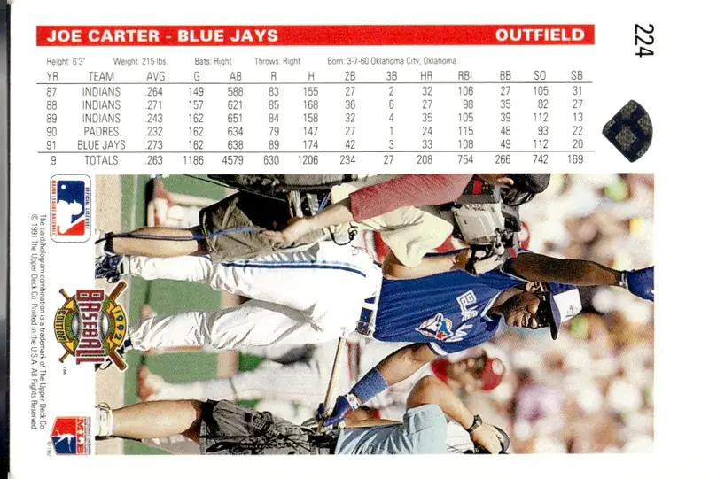 1992 Upper Deck #224 Joe Carter (back)