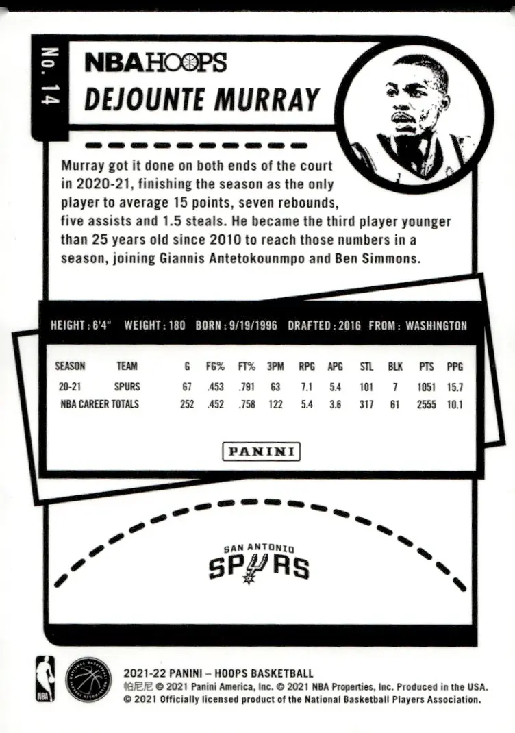 2021-22 NBA Hoops #14 Dejounte Murray (back)
