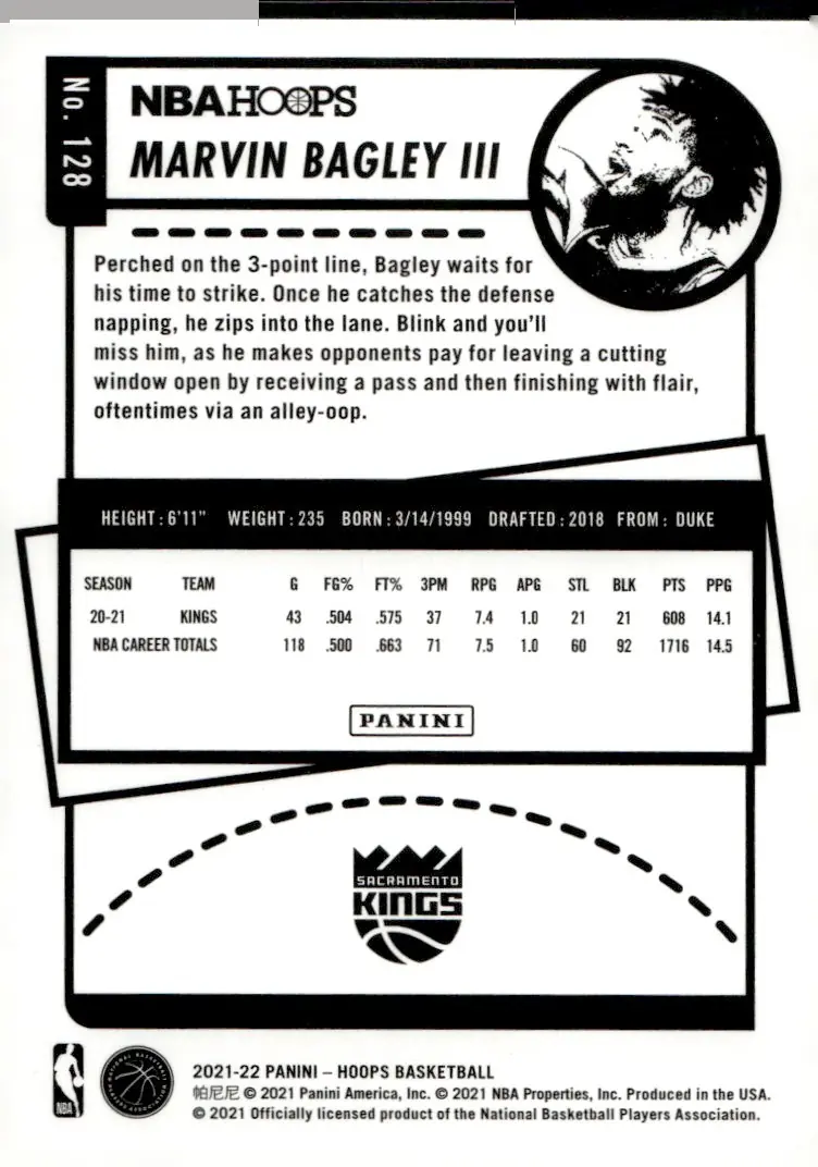2021-22 NBA Hoops #128 Marvin Bagley III (back)