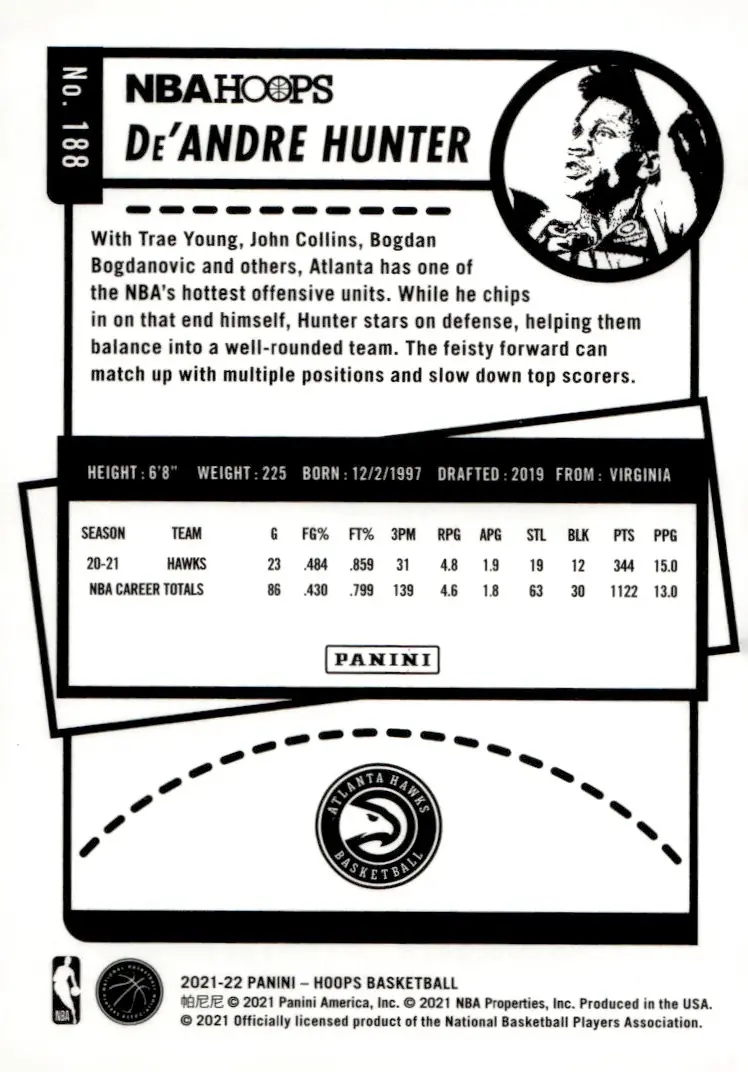 2021-22 NBA Hoops #188 De'Andre Hunter (back)