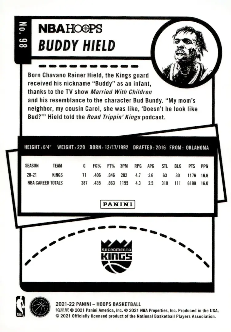 2021-22 NBA Hoops #98 Buddy Hield (back)