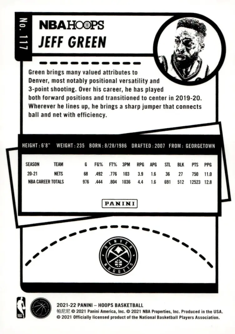2021-22 NBA Hoops #117 Jeff Green (back)