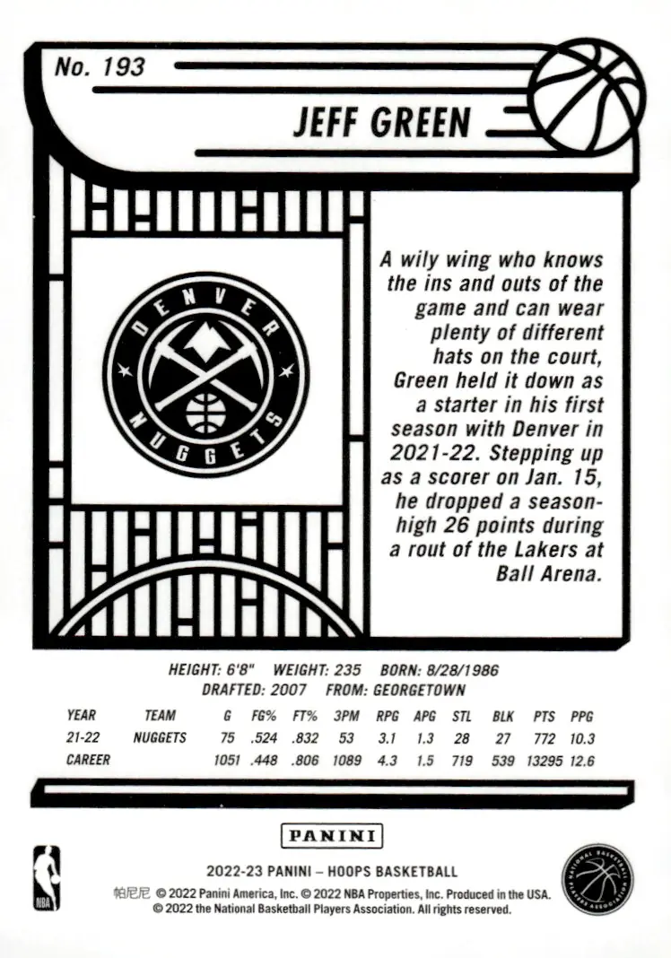 2022-23 NBA Hoops #193 Jeff Green (back)