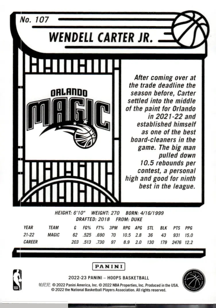 2022-23 NBA Hoops #107 Wendell Carter Jr. (back)