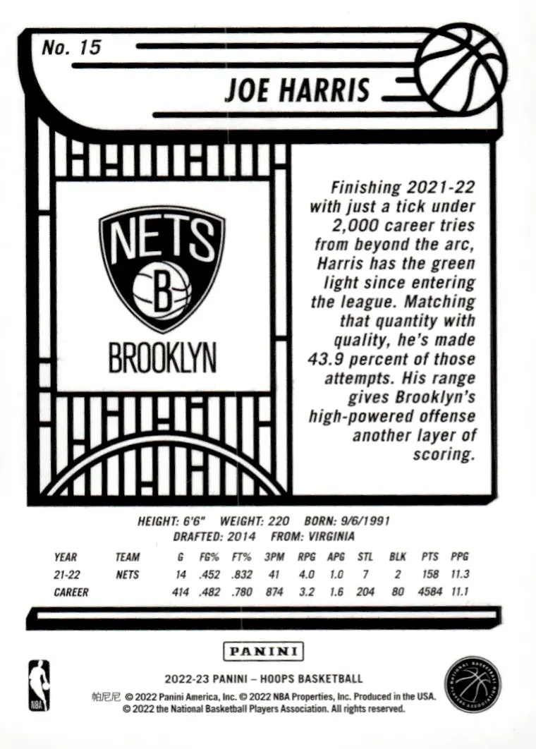 2022-23 NBA Hoops #15 Joe Harris (back)