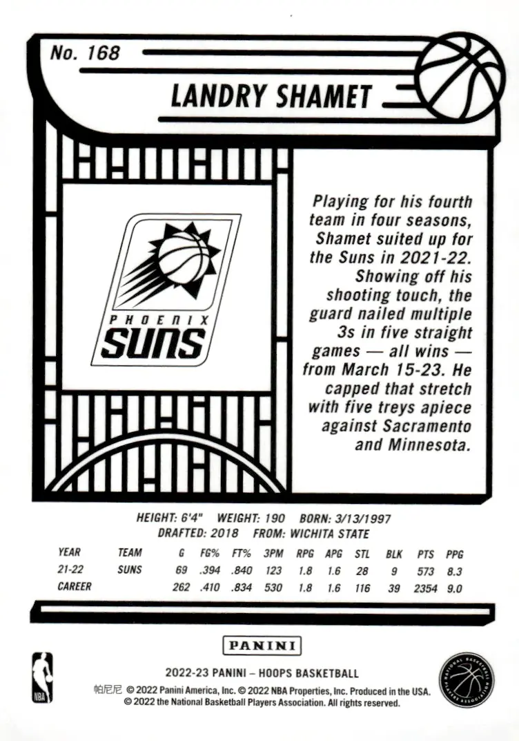 2022-23 NBA Hoops #168 Landry Shamet (back)