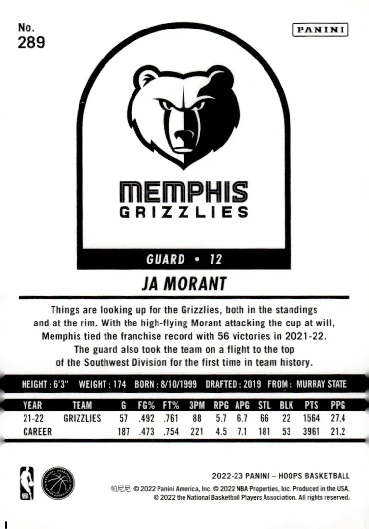 2022-23 NBA Hoops #289 Ja Morant (back)