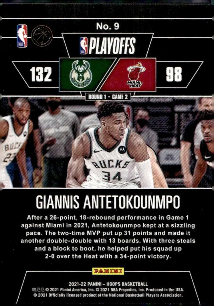 2021-22 NBA Hoops #9 Giannis Antetokounmpo – First Round /2021 (back)