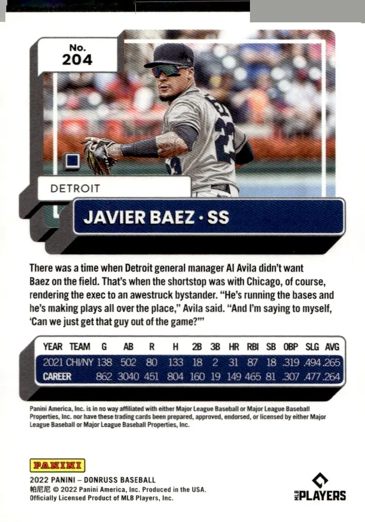 2022 Donruss #204 Javier Baez (back)