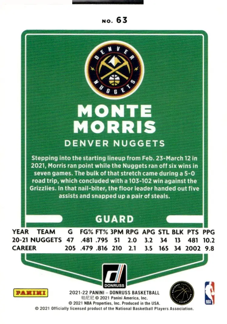 2021-22 Donruss #63 Monte Morris (back)