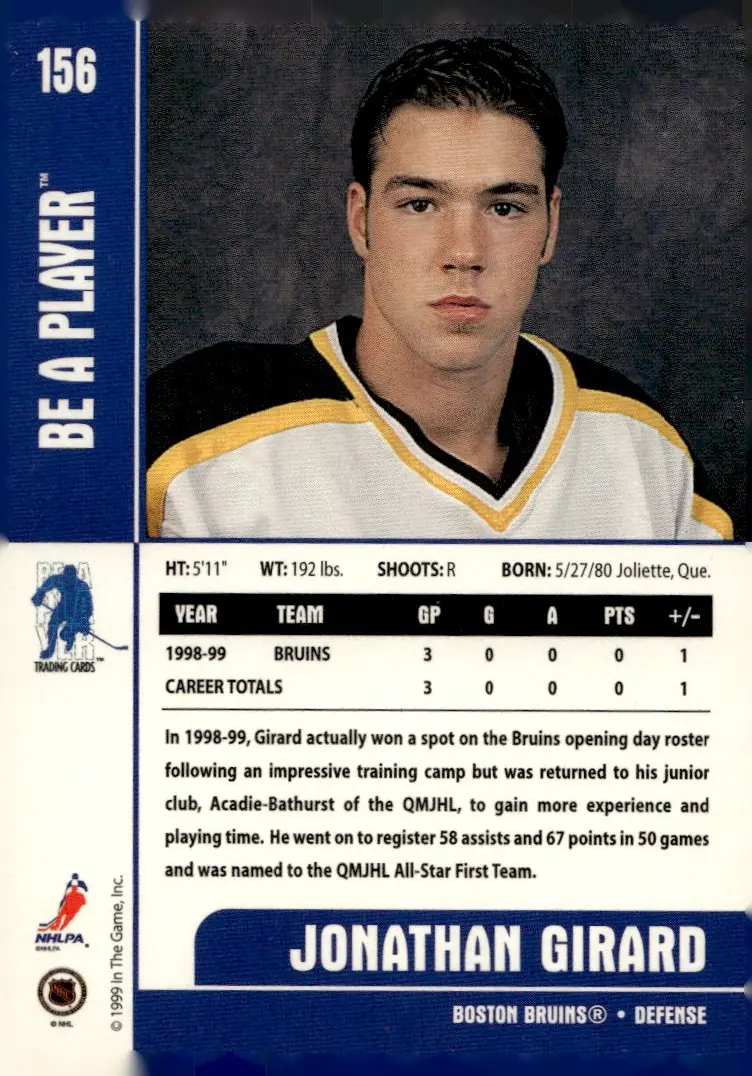 1999-00 Be A Player Memorabilia #156 Jonathan Girard (back)