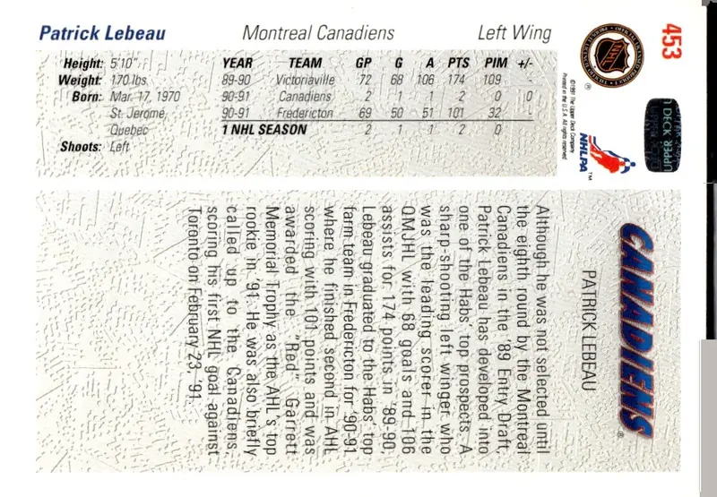 1991-92 Upper Deck #453 Patrick Lebeau (back)