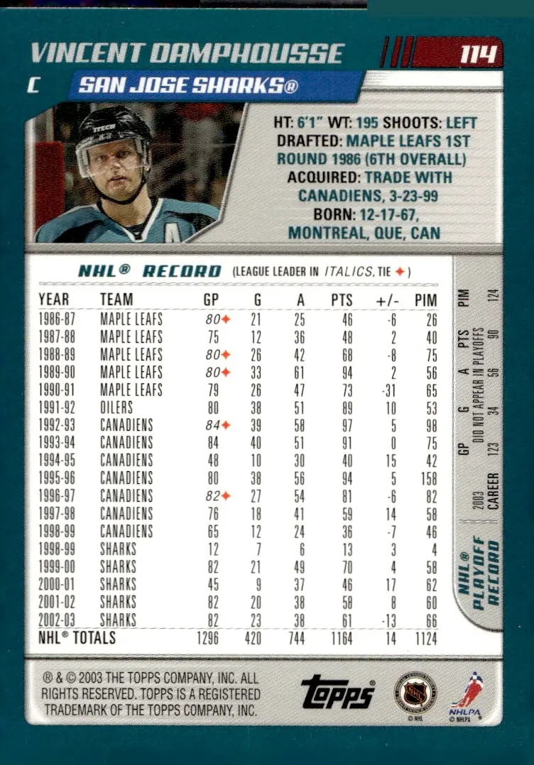 2003-04 Topps #114 Vincent Damphousse (back)