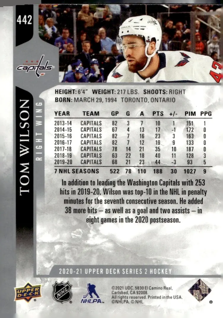 2020-21 Upper Deck Series 2 #442 Tom Wilson (back)