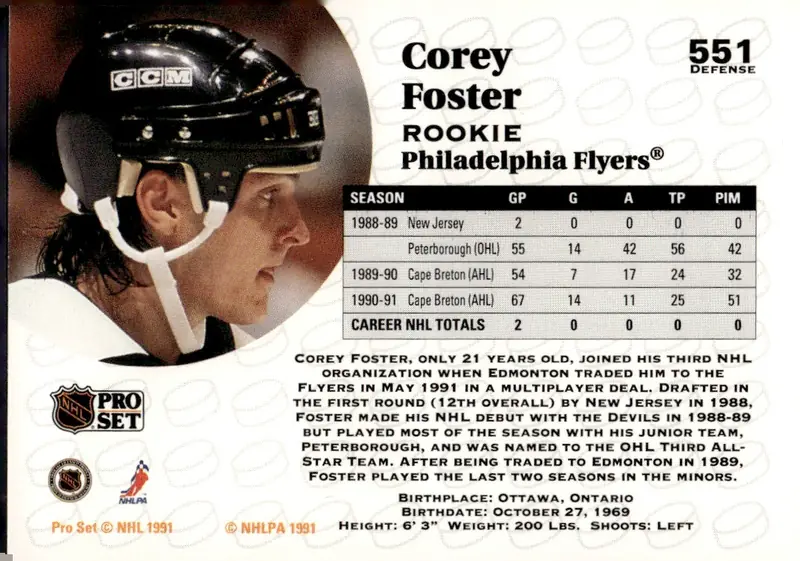 1991-92 Pro Set #551 Corey Foster (back)
