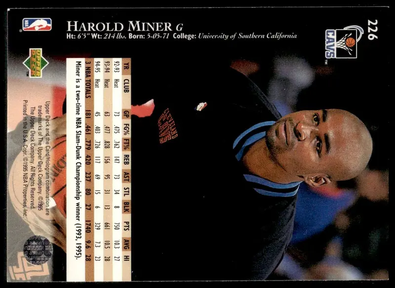 1995-96 Upper Deck #226 Harold Miner (back)