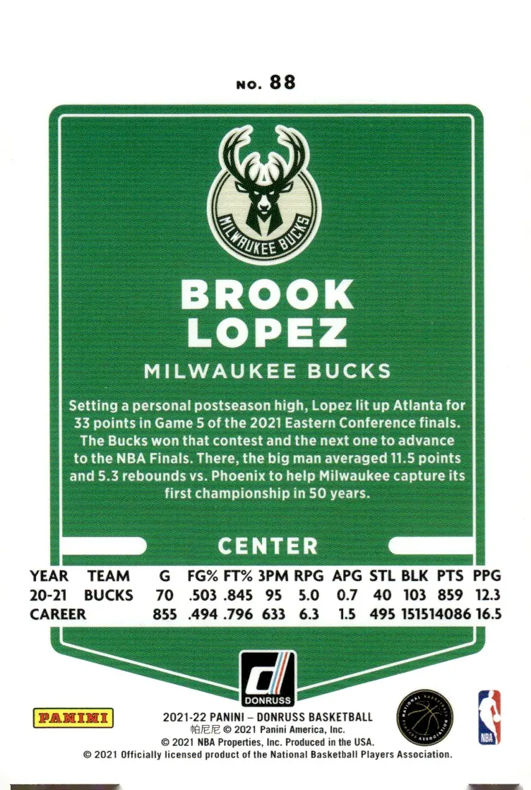 2021-22 Donruss #88 Brook Lopez (back)