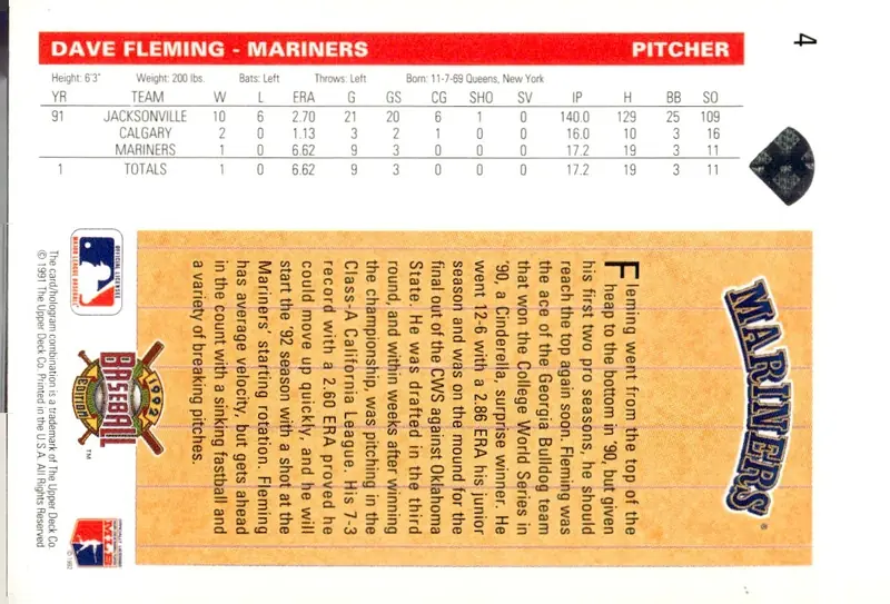 1992 Upper Deck #4 Dave Fleming (back)
