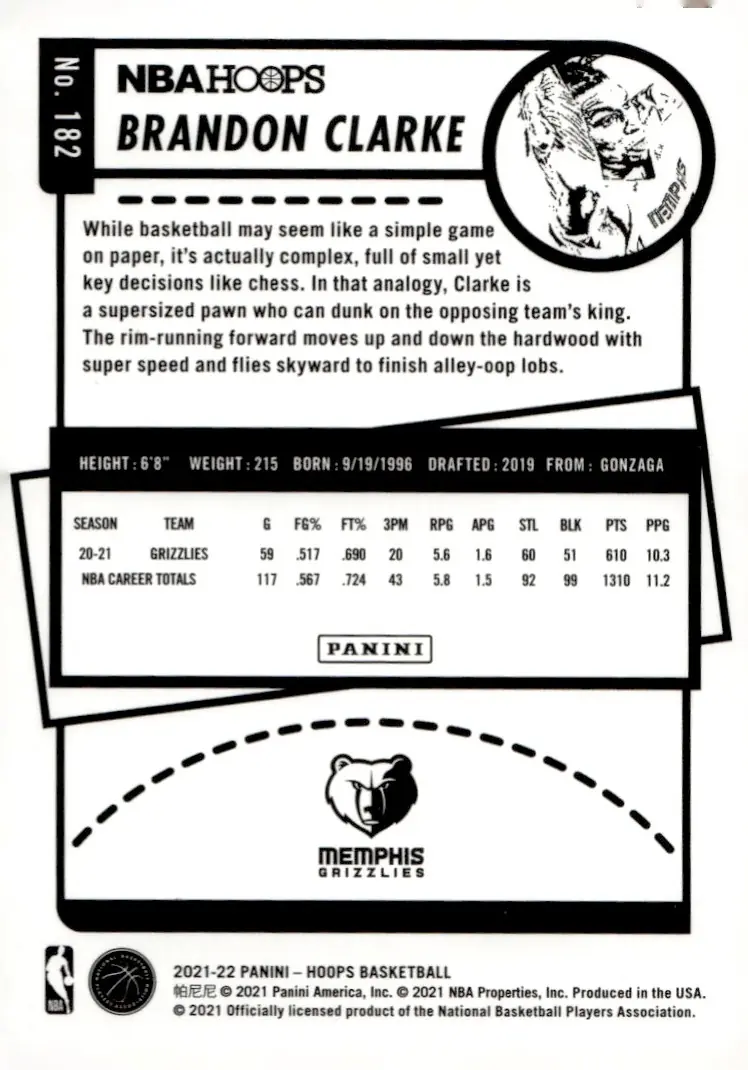 2021-22 NBA Hoops #182 Brandon Clarke (back)