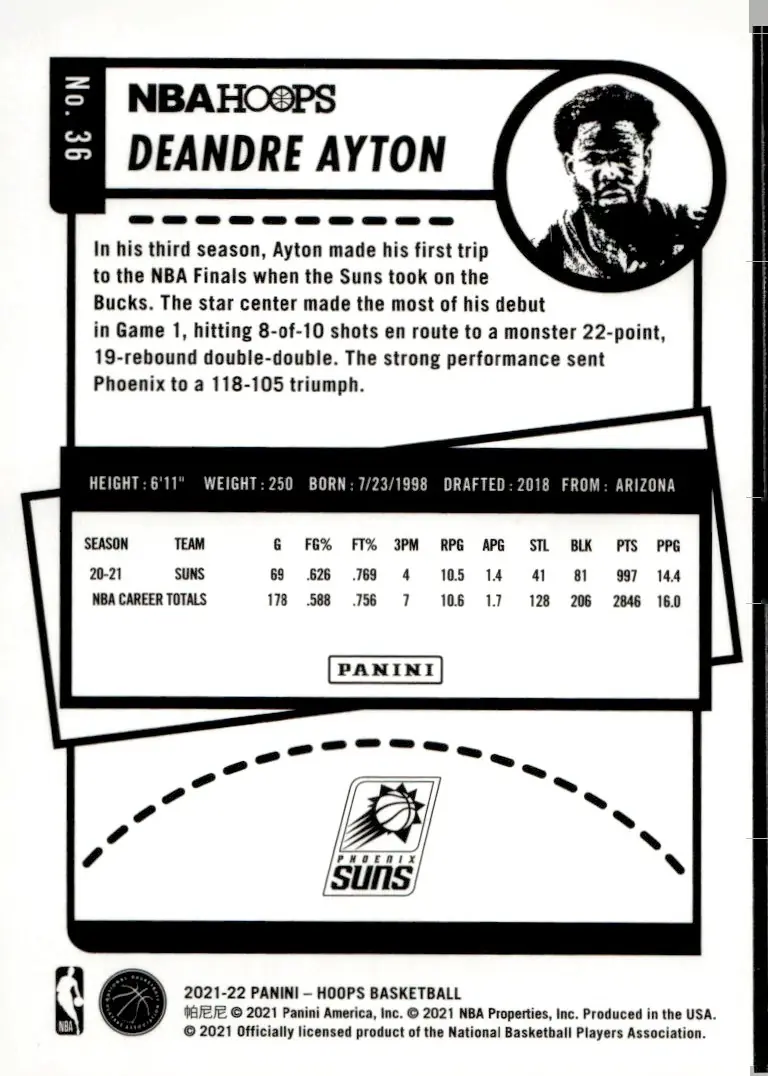 2021-22 NBA Hoops #36 Deandre Ayton (back)