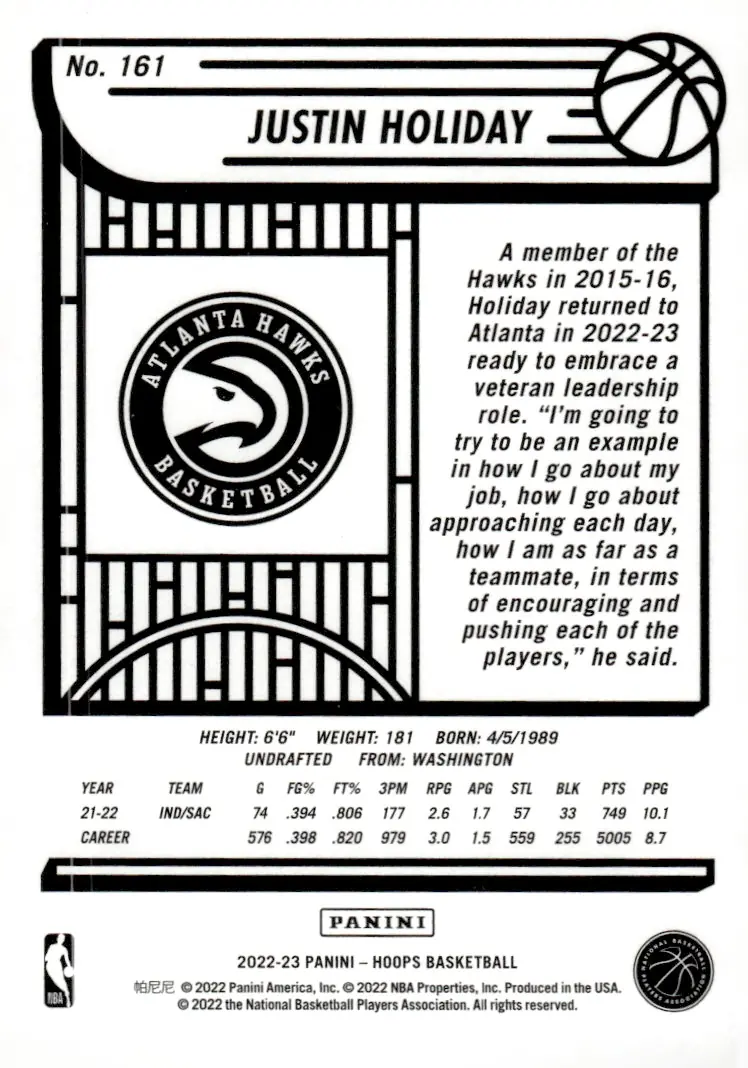2022-23 NBA Hoops #161 Justin Holiday (back)