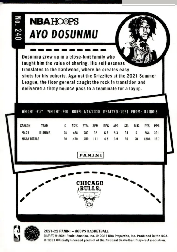2021-22 NBA Hoops #240 Ayo Dosunmu (back)