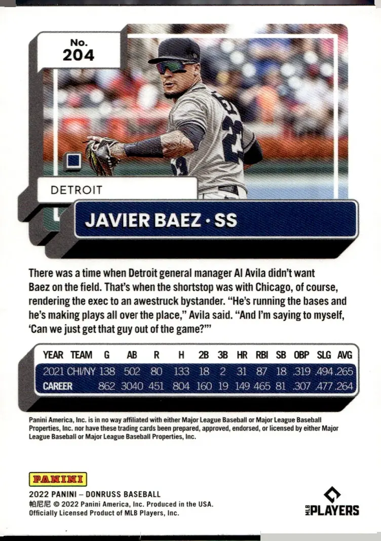 2022 Donruss #204 Javier Baez (back)
