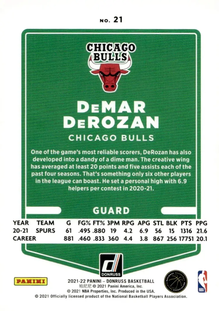 2021-22 Donruss Basketball #21 DeMar DeRozan (back)