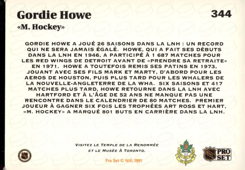1991-92 Pro Set (French edition) #344 Gordie Howe – French-language version (back)