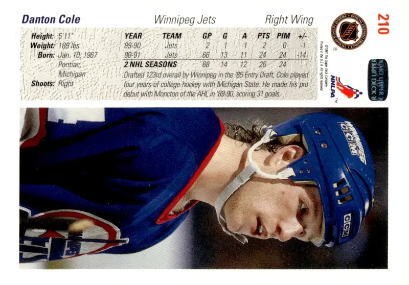 1991-92 Upper Deck #210 Danton Cole (back)