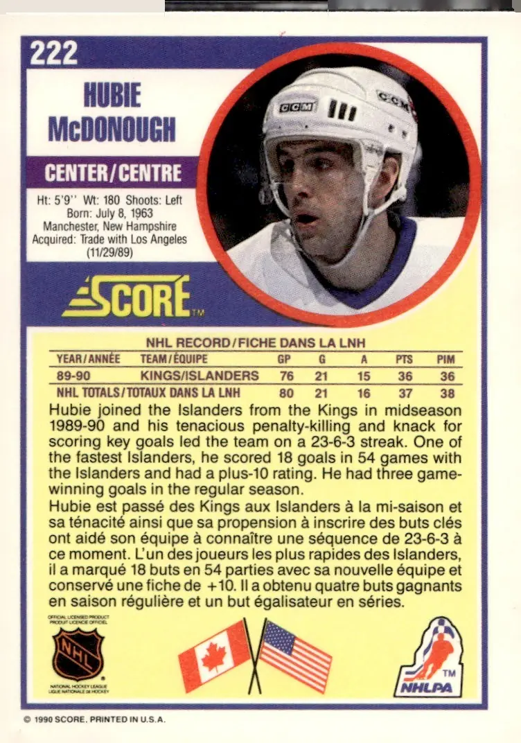 1990-91 Score Canadian (bilingual) #222 Hubie McDonough (back)