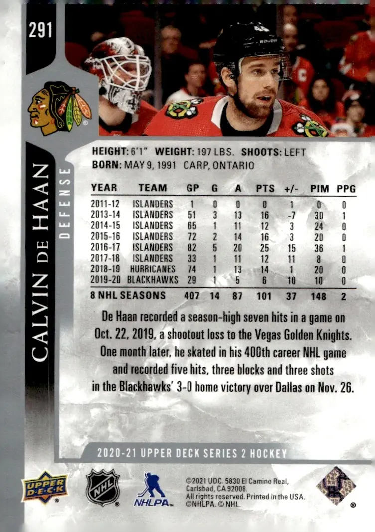 2020-21 Upper Deck Series 2 #291 Calvin de Haan (back)