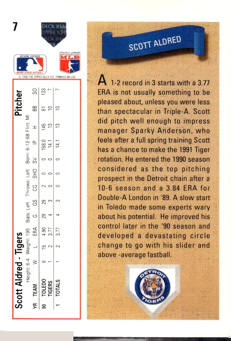 1991 Upper Deck #7 Scott Aldred (back)
